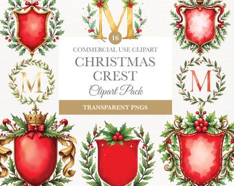 Watercolor Christmas Crest PNG , Vintage Winter Frames Clipart, Floral Wedding Design, Digital Download, Christmas Crest DIY, Red Green Bow