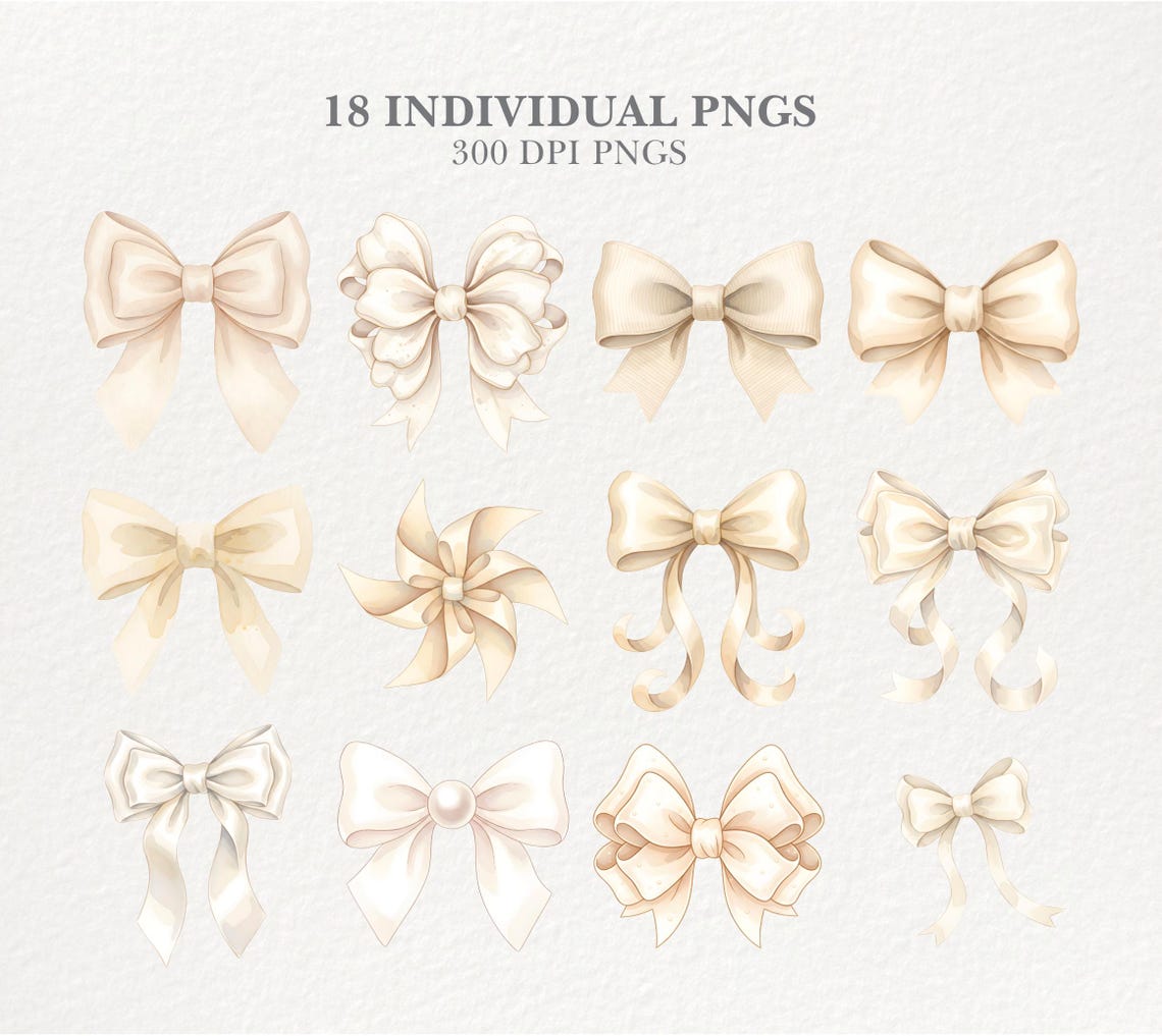 Ivory Bow Clipart - Digital Download Watercolor Craft Supplies for Baby ...