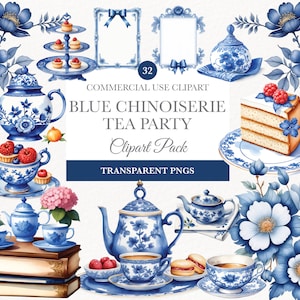 Chinoiserie clipart, afdrukbare kunst, chinoiserie Tea Time clipart, high tea, desserts, Afternoon Tea, Shabby Chic Chinoiserie Tea Party