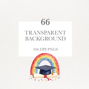 Puede incluir: Ilustraci&oacute;n en acuarela con birrete, diploma y arco&iacute;ris. Incluye el texto "66 TRANSPARENT BACKGROUND 300 DPI PNGS". Ideal para arte digital, tarjetas e invitaciones.