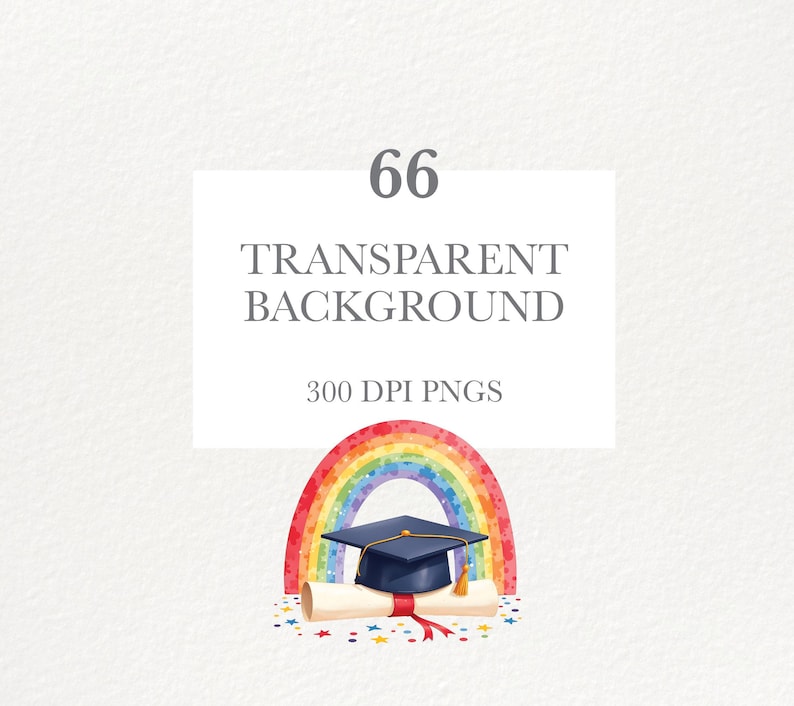 Puede incluir: Ilustraci&oacute;n en acuarela con birrete, diploma y arco&iacute;ris. Incluye el texto "66 TRANSPARENT BACKGROUND 300 DPI PNGS". Ideal para arte digital, tarjetas e invitaciones.