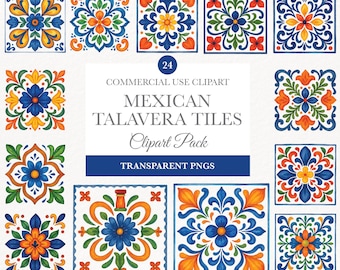 Mexican Talavera Clipart Set, Beautiful Mosaic Art, Instant Download PNG, Ideal for DIY Projects & Home Decor
