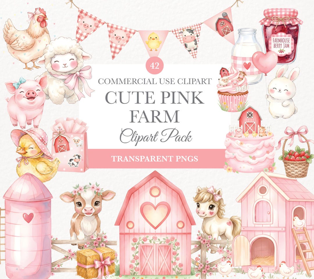 Pink Barnyard Clipart for Farm Animals Birthday Party, Cute Watercolor ...