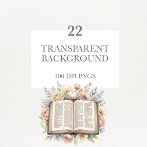 May include: A watercolour illustration of an open book, encircled by pastel-coloured flowers. The image features the text "22 TRANSPARENT BACKGROUND 300 DPI PNGS" within a white rectangular frame.