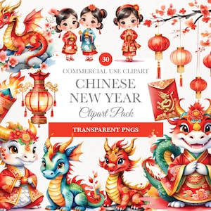 Chinese New Year Watercolor Clipart, Commercial Use, Chinese New Year Dragon Clipart,  Instant Download, Cute Dragon Clipart, Lunar New Year