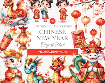 Chinese New Year Watercolor Clipart, Commercial Use, Chinese New Year Dragon Clipart,  Instant Download, Cute Dragon Clipart, Lunar New Year