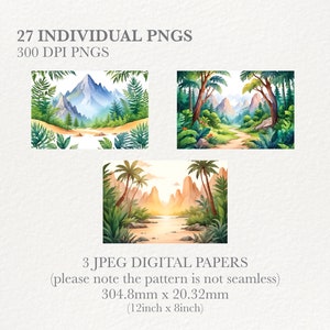 May include: A digital paper pack with three watercolor illustrations of tropical landscapes. The illustrations feature lush green foliage, mountains, and a winding path. The paper pack is 12 inches by 8 inches.