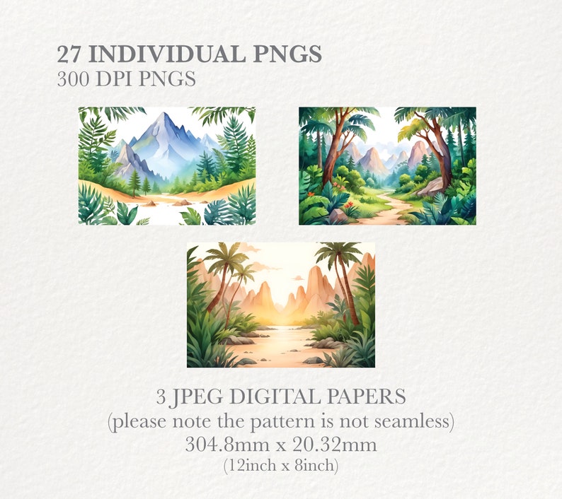 May include: A digital paper pack with three watercolor illustrations of tropical landscapes. The illustrations feature lush green foliage, mountains, and a winding path. The paper pack is 12 inches by 8 inches.