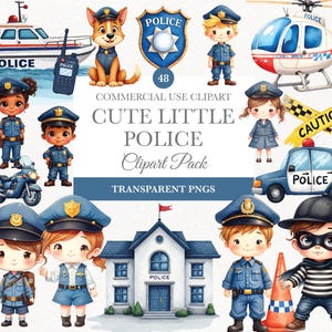 Clipart de polícia fofo aquarela para crianças, veículos policiais, clipart de transporte aquarela, policial png, download digital, carro de polícia