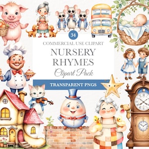 Aquarel kinderrijm clipart, sprookjesachtige kunst, decor van de kinderkamer, kinderdagverblijf digitale afbeeldingen, Hey Diddle Diddle, Little Bo Peep