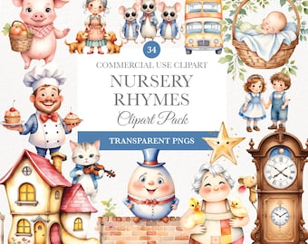 Watercolor Nursery Rhyme Clipart, Fairytale Art, Nursery Decor, Nursery Children Digital Graphics, Hey Diddle Diddle , Little Bo Peep