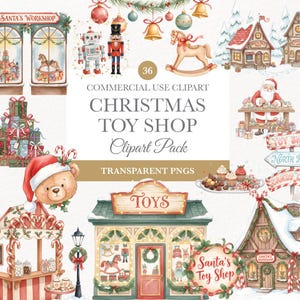 Può includere: Pacchetto di clipart natalizie ad acquerello con negozi di giocattoli, Babbo Natale e vari giocattoli. Include un orsacchiotto con cappello da Babbo Natale, un cavallo a dondolo e un soldatino di piombo. Il testo include "Christmas Toy Shop".