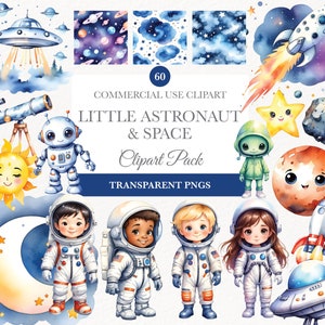 L'astronaute et l'espace des cliparts aquarelle, mignon des cliparts de l'espace extra-atmosphérique, des cliparts fusée, planètes et vaisseau spatial, vaisseau spatial astronaute, étoiles et lune
