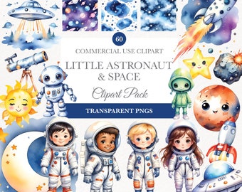 Astronaut and Space Watercolor Clipart, Cute Outerspace Clipart, Rocket Clipart, Planets And Space Ship, Astronaut Spaceship, Stars and Moon