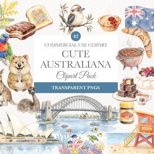 May include: Watercolor clipart pack featuring Australian icons. Includes a kookaburra, kangaroo, Sydney Opera House, a pie, a boomerang, a flag, and other Australian themed illustrations. The text reads "Cute Australiana Clipart Pack".