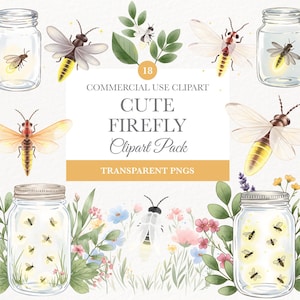 Lightning Bug Clipart, Watercolor Firefly Art, Cute Insect PNG, Digital Download for Crafts and Projects