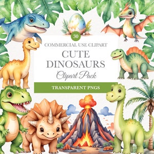 Clipart de dinosaurio lindo de acuarela, uso comercial, fiesta de cumpleaños para niños, decoración de fiesta de cumpleaños de dinosaurios, paquete de imágenes prediseñadas de dinosaurios, PNG T-Rex, Dino