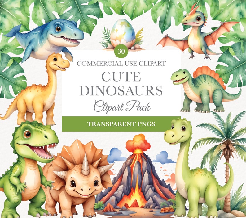 May include: A digital clipart pack featuring 30 cute cartoon dinosaurs in various poses and colors. The dinosaurs are set against a background of green leaves and a volcano. The text "Commercial Use Clipart Cute Dinosaurs Clipart Pack Transparent PNGs" is displayed on the image.