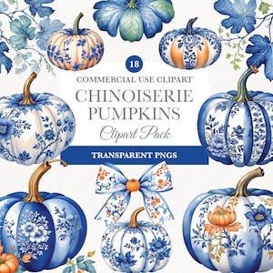 Toile Pumpkin clipart pack, damast herfst junk journal pngs, herfst ephemera, toile de Joy print, chinoiserie pompoen clipart