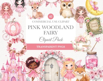 Pink Woodland Fairy Clipart, Watercolor Pastel Fairies, Birthday Clipart, Baby Shower Art, Sublimation Design, Digital Download