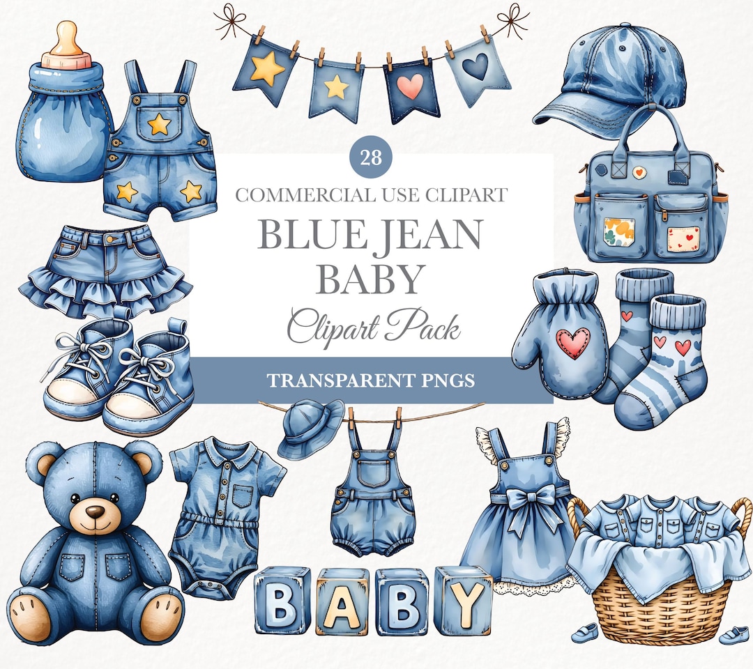 Blue Jean Baby Clipart, Watercolor Denim Baby Clothes, Cute Baby Shower ...