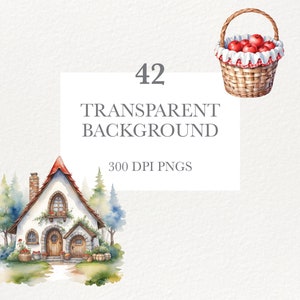 May include: A watercolor illustration of a charming cottage with a red roof, surrounded by trees and flowers. The cottage has a white exterior with brown accents and a small porch with a door and windows. There are baskets of apples and flowers in front of the cottage. The image has a white background with the text "42 TRANSPARENT BACKGROUND 300 DPI PNGS".