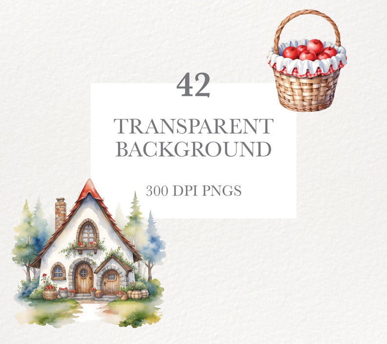 May include: A watercolor illustration of a charming cottage with a red roof, surrounded by trees and flowers. The cottage has a white exterior with brown accents and a small porch with a door and windows. There are baskets of apples and flowers in front of the cottage. The image has a white background with the text "42 TRANSPARENT BACKGROUND 300 DPI PNGS".