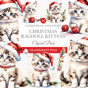 サンタ帽子をかぶった猫、カード作り、無料商用利用、子猫のクリップアート、ジャンクジャーナル、クリスマスラグドールの子猫、デジタルダウンロード、即時ダウンロード