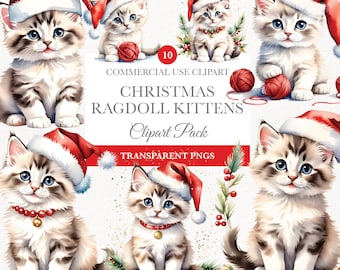 Cat In Santa Hat, Cards Making, Free Commercial Use, Kitten Clipart, Junk Journal, Xmas Ragdoll Kittens, Digital Download, Instant Download