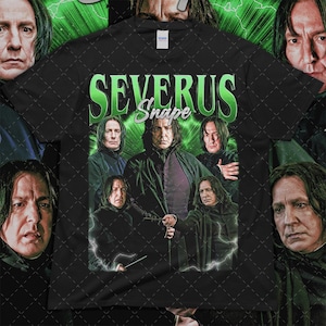 May include: Black t-shirt with a green graphic print of Severus Snape from the Harry Potter series. The graphic features Snape with other characters from the series, including a quote "Severus Snape".