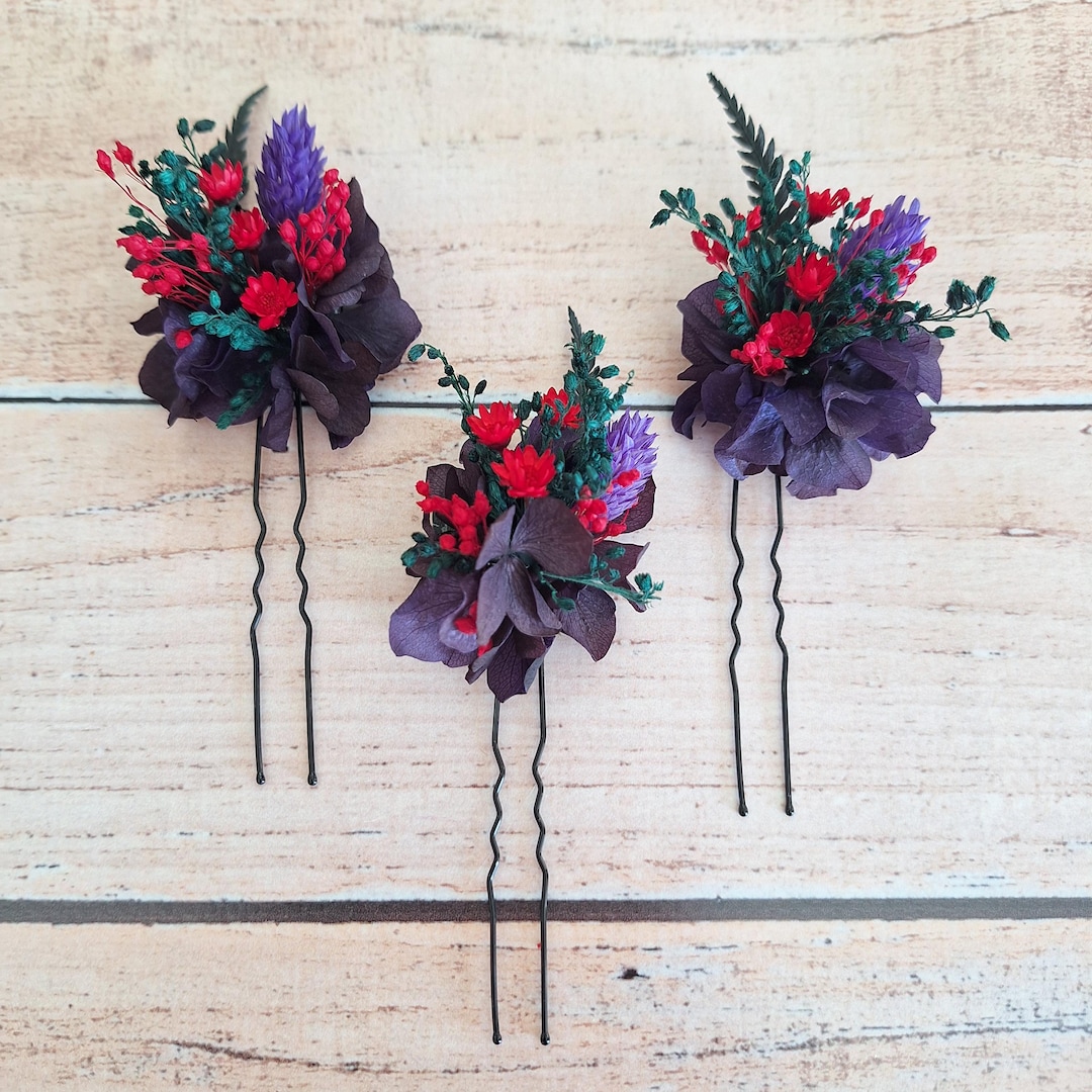 Dark Purple Hair Pins,dried Flower Flowers Hair Pins,autumn Flower Hair ...