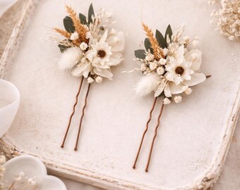 Horquillas de flores secas blancas, horquillas de flores de verano, horquillas de flores blancas para bodas, accesorios para bodas de otoño, adornos para el cabello con flores secas
