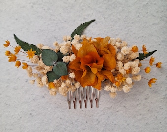 Orange Dried Flower Comb,Bridesmaid Hair Comb,Rustic Wedding Wreath,Boho Wedding Gift,Dry Flower Hair Comb,Eucalyptus bridal hair comb