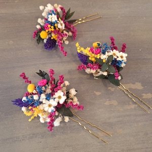 Dried flowers hair pins,Summer wedding flower hair pins,Daisy flower pins,Fuchsia flowers clip,Dry flower hair pieces,Engagement hair pins