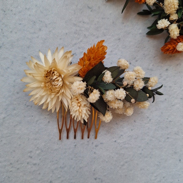 Burnt Orange Dried Flower comb,Bridesmaid Hair comb,Rustic Wedding Wreath,Engagement crown,Bridal Shower,Boho wedding Gift