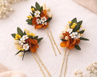 Orange Dried flowers hair pins,Autumn Flower hair pins,Burnt Orange wedding Flower hair pins,Fall wedding accessories,Dry flower hair pieces