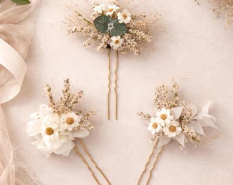 Horquillas de flores secas blancas, horquillas de flores de verano, horquillas de flores blancas para bodas, accesorios para bodas de otoño, adornos para el cabello con flores secas