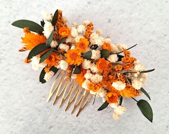 Burnt Orange Dried Flower Hair Comb, Boho Bridal Hair Comb, Rustic Wedding Hair Piece, Autumn Bridal Hair Accessory, Preserved Flower Comb