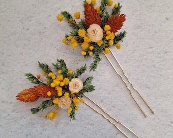 Dried flowers pins,Autumn Flower hair pins,Burnt Orange wedding Flower hair pins,Fall wedding accessories,Dry flower hair piece
