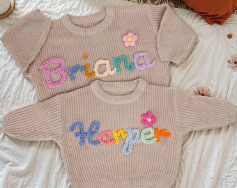 Custome trui babynaam, gepersonaliseerde geborduurde naamtrui, monogram trui naam, kerstcadeau verjaardagscadeau voor meisjes jongens, babycadeau
