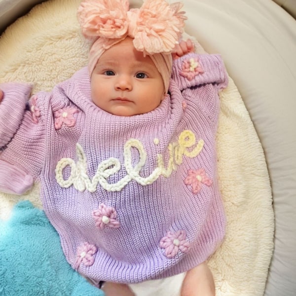 Custom Handcrafted Baby Sweater with Name and Monogram | Timeless Keepsake for Your Little One