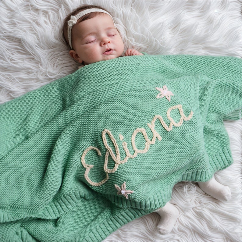 Personalized Baby Name Blanket, Handembroidered Knit Baby Blanket,baby