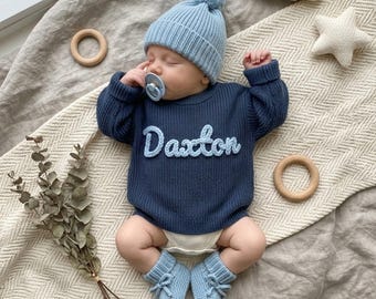 Suéter de bebé personalizado hecho a mano, tejido bordado a medida, suéter azul para bebé niño y niña con nombre, regalo de cumpleaños
