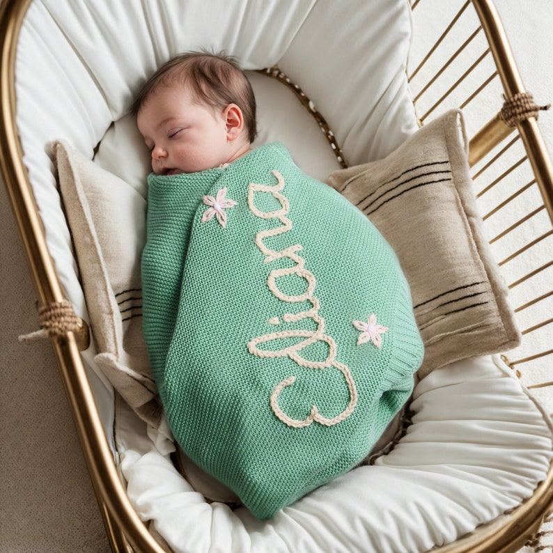 Personalized Baby Name Blanket, Handembroidered Knit Baby Blanket,baby