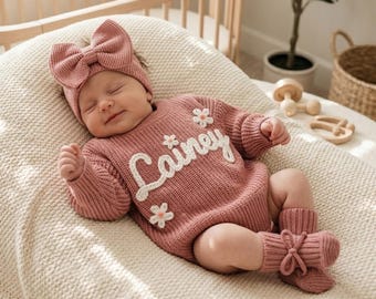 Custom Embroidered Baby Name Sweater: Personalized Newborn Coming Home Outfit | 4 Piece Gift Set