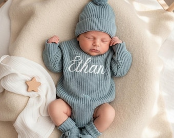 Embroidered Name Baby Romper Set, Personalized Outfit, Baby Boy Romper Baby Girl Romper, Coming Home, Organic Cotton Knit, Gender Neutral