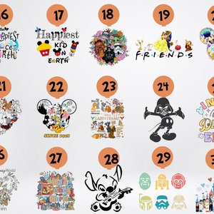 May include: A collection of Disney-themed graphics, including characters like Mickey Mouse, Stitch, and Darth Vader. The designs are displayed on orange balloon shapes, with text elements such as "Happiest Kid on Earth" and "In My Disney Era."