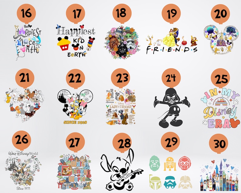 May include: A collection of Disney-themed graphics, including characters like Mickey Mouse, Stitch, and Darth Vader. The designs are displayed on orange balloon shapes, with text elements such as "Happiest Kid on Earth" and "In My Disney Era."