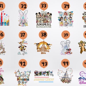 May include: A collection of Disney-themed designs on a white background. The designs include various characters, castles, and park logos. Some designs feature text such as "Animal Kingdom", "Hollywood Studios", and "Disneyland".