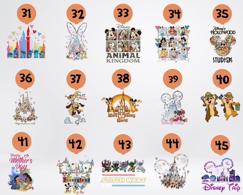 May include: A collection of Disney-themed designs on a white background. The designs include various characters, castles, and park logos. Some designs feature text such as "Animal Kingdom", "Hollywood Studios", and "Disneyland".